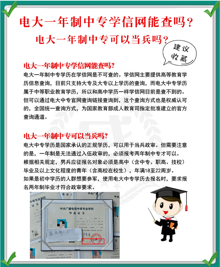 电大一年制中专学信网能查吗？可以当兵吗？